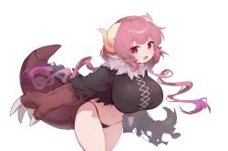 Rule 34 | 1girl, absurdres, black panties, breasts, commentary, cowboy shot, dragon claw, dragon girl, dragon horns, dragon tail, highres, horns, huge breasts, ilulu (maidragon), kobayashi-san chi no maidragon, long hair, looking at viewer, navel, no pants, open mouth, panties, pg (pege544), pink hair, red eyes, sharp teeth, shortstack, simple background, slit pupils, solo, tail, teeth, underwear, white background