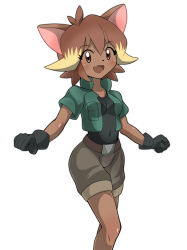 Rule 34 | 1girl, absurdres, animal ears, animal nose, antenna hair, bad id, bad pixiv id, belt, black gloves, black shirt, blonde hair, blush, body fur, bomberman, bomberman jetters, breast pocket, breasts, brown eyes, brown fur, brown hair, brown shorts, cat ears, cat girl, clenched hands, covered navel, cropped vest, fang, female focus, furry, furry female, gloves, green vest, happy, highres, looking at viewer, medium breasts, misty (bomberman), multicolored hair, open clothes, open mouth, open vest, pocket, shirt, short hair, short sleeves, shorts, shoukin500, sidelocks, simple background, smile, solo, standing, two-tone hair, vest, white background