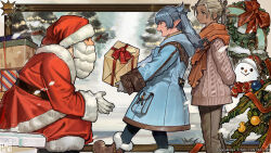 Rule 34 | 3girls, :&gt;, :d, bearded lady (ff14), black pantyhose, blue dress, blue eyes, blue hair, boots, brown eyes, brown footwear, brown pants, child, christmas tree, closed mouth, dress, elezen, elf, fake beard, fake facial hair, final fantasy, final fantasy xiv, fur-trimmed boots, fur trim, gift, gloves, hat, highres, holding, holding gift, long sleeves, masayoshi inoue, multiple girls, official art, open mouth, pants, pantyhose, pointy ears, santa claus, santa hat, smile, snowman, squatting, white gloves