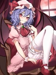 Rule 34 | 1girl, absurdres, ascot, bat wings, black wings, bloomers, chair, closed mouth, curtains, hair between eyes, hat, hat ribbon, high heels, highres, indoors, looking at viewer, mob cap, orchid (orukido), pink shirt, pink skirt, purple hair, red ascot, red eyes, red footwear, red ribbon, remilia scarlet, ribbon, shirt, short hair, short sleeves, sitting, skirt, smile, socks, solo, thighhighs, touhou, underwear, white hat, white thighhighs, window, wings