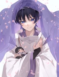 Rule 34 | 1boy, arm armor, black hair, blue eyes, blush, closed mouth, detached sleeves, doll, fingernails, genshin impact, hair between eyes, hands up, highres, long fingernails, long sleeves, looking at viewer, mandarin collar, multicolored hair, naruka (ynarukay), petals, purple hair, purple shirt, scaramouche (genshin impact), scaramouche (kabukimono) (genshin impact), shirt, simple background, smile, solo, standing, teeth, two-tone hair, veil, vest, white background, white vest, wide sleeves