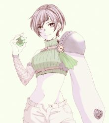 Rule 34 | 1girl, armor, bare shoulders, breasts, brown eyes, brown hair, chiru (sanifani), closed mouth, commentary, cowboy shot, crop top, cropped sweater, final fantasy, final fantasy vii, fishnets, green background, green sweater, headband, hip bones, holding, light smile, looking at viewer, materia, medium breasts, midriff, navel, no gloves, open fly, ribbed sweater, short hair, shorts, simple background, sleeveless, sleeveless sweater, sleeveless turtleneck, solo, sweater, swept bangs, turtleneck, turtleneck sweater, white shorts, yuffie kisaragi