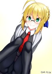 Rule 34 | 1girl, 2016, ahoge, alternate costume, arm support, artoria pendragon (all), artoria pendragon (fate), black pantyhose, blonde hair, blush, cosplay, dated, fate/grand order, fate/stay night, fate (series), glasses, green eyes, mash kyrielight, necktie, pantyhose, red necktie, saber (fate), semi-rimless eyewear, shielder (fate/grand order) (cosplay), skylader, smile, solo, thighs, white background