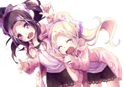 Rule 34 | 2girls, 54hao, arm up, black hair, black skirt, blonde hair, bow, closed eyes, collarbone, commentary request, drawstring, dutch angle, forehead, hair bow, hair ornament, high ponytail, highres, hood, hood down, hooded jacket, jacket, leaning forward, long hair, long sleeves, multiple girls, open clothes, open jacket, open mouth, original, parted bangs, pink jacket, pocket, ponytail, purple eyes, shirt, siblings, sidelocks, simple background, sisters, skirt, twins, very long hair, white background, white bow, white shirt, x hair ornament