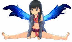 Rule 34 | 1girl, amagami, ayatsuji tsukasa, bare legs, barefoot, bikini, black eyes, black hair, blue wings, character request, check character, check copyright, child, copyright request, full body, grey jacket, jacket, long sleeves, looking at viewer, navel, off shoulder, parted lips, red bikini, santa (sunflower), simple background, solo, split, spread wings, swimsuit, white background, wide-eyed, wings