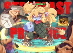 Rule 34 | 1girl, blonde hair, breasts, clothes, colored skin, english text, female focus, hammer, highres, holding, holding hammer, holding weapon, huge breasts, large breasts, league of legends, long hair, looking at viewer, poppy (league of legends), purple eyes, purple skin, riot games, shinolara, shortstack, solo, torn clothes, twintails, weapon, yordle