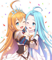 Rule 34 | 2girls, ;d, ahoge, armor, blue eyes, blue hair, blush, breasts, choker, cleavage, collarbone, commentary request, confetti, crossover, dress, gloves, granblue fantasy, hair between eyes, highres, hug, light brown hair, long hair, lyria (granblue fantasy), medium breasts, multiple girls, one eye closed, open mouth, parted bangs, pauldrons, pecorine (princess connect!), princess connect!, puffy short sleeves, puffy sleeves, short sleeves, shoulder armor, simple background, skirt, smile, sparkle, tiara, tomo (tmtm mf mf), very long hair, white background, white choker, white dress, white gloves, white skirt
