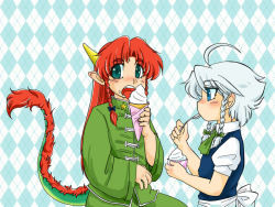 Rule 34 | 2girls, ahoge, blue eyes, blush, braid, dragon horns, dragon tail, food, green eyes, hong meiling, hong meiling (dragon), horns, ice cream, ice cream cone, izayoi sakuya, licking, long hair, long sleeves, multiple girls, open mouth, patterned background, pointy ears, puffy short sleeves, puffy sleeves, red hair, short hair, short sleeves, silver hair, soft serve, spoon, star (symbol), tail, torazima, touhou, twin braids, utensil in mouth, wide sleeves, aged down