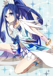 Rule 34 | 1girl, asymmetrical clothes, blue bow, blue eyes, blue hair, boots, bow, bracelet, brooch, choker, cure diamond, curly hair, dokidoki! precure, dress, frown, heart, heart brooch, highres, hishikawa rikka, jewelry, long hair, mahyack, matching hair/eyes, md5 mismatch, on one knee, ponytail, precure, ribbon, solo, sparkle