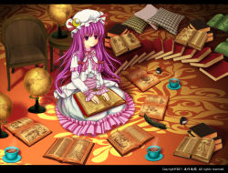 Rule 34 | 1girl, alternate costume, bad id, bad pixiv id, blush, book, chair, coffee, crescent, cup, dr.yeh, female focus, full body, globe, hat, indoors, ink, patchouli knowledge, purple eyes, purple hair, quill, sitting, solo, touhou