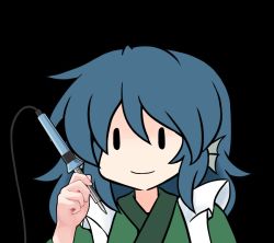 Rule 34 | 1girl, 216, black background, blue hair, closed mouth, commentary request, fins, hand up, head fins, holding, long hair, simple background, smile, soldering iron, solo, touhou, upper body, wakasagihime, you&#039;re doing it wrong, | |