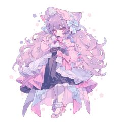 Rule 34 | 1girl, animal ear fluff, animal ears, black dress, blue bow, bonnet, bow, bowtie, cat ears, commentary, dated commentary, detached sleeves, dress, hat, hat bow, high heels, highres, layered dress, long hair, looking at viewer, original, ozureiji, pink bow, pink bowtie, pink eyes, pink footwear, pink hat, pink sleeves, pink theme, purple hair, sidelocks, simple background, solo, striped, striped bow, wavy hair, white background, white bow, white dress, yume kawaii
