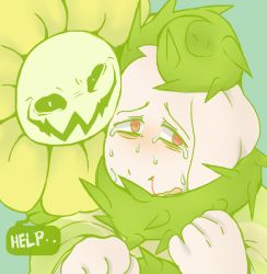 Rule 34 | 1boy, asriel dreemurr, blood, crying, crying with eyes open, dual persona, english text, evil smile, flower, flowey (undertale), furry, furry male, mamaito, monster boy, nosebleed, plant, red eyes, shirt, smile, spoilers, striped clothes, striped shirt, tears, undertale, vines