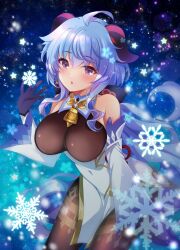 Rule 34 | 1girl, :o, ahoge, bare shoulders, bell, black pantyhose, blue gloves, blue hair, blush, breasts, detached sleeves, ganyu (genshin impact), genshin impact, gloves, gold trim, highres, horns, ichiyou moka, large breasts, long hair, looking at viewer, neck bell, open mouth, pantyhose, purple eyes, sidelocks, snowflakes, solo, thighlet, white sleeves