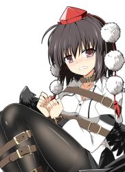 Rule 34 | 1girl, belt, black hair, black pantyhose, bound, breasts, brown eyes, clenched teeth, hat, highres, pantyhose, pom pom (clothes), red hat, rise (rise19851203), shameimaru aya, simple background, solo, teeth, thighband pantyhose, tokin hat, touhou, white background, wings