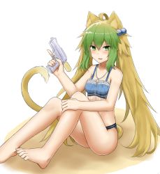Rule 34 | 1girl, ahoge, animal ears, atalanta (fate), atalanta (twilight memory) (fate), bare shoulders, barefoot, bikini, blonde hair, blush, breasts, cat ears, cat tail, fate/apocrypha, fate/grand order, fate (series), feet, green eyes, green hair, hair between eyes, hair ornament, highres, long hair, looking at viewer, medium breasts, multicolored hair, open mouth, sitting, solo, swimsuit, tail, thighs, toes, twintails, white background