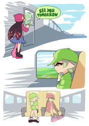 Rule 34 | + +, 2girls, ankle boots, arms behind back, back-to-back, beanie, bed, black footwear, black hair, blue shorts, boots, callie (splatoon), casual, cellphone, comic, cousins, day, detached collar, earrings, food, food on head, gloves, gomipomi, green hat, green legwear, green shirt, grey hair, hat, holding, holding phone, indoors, inkling, inkling player character, jewelry, long hair, marie (splatoon), mask, mole, mole under eye, multiple girls, night, night sky, nintendo, object on head, outdoors, phone, pointy ears, purple shirt, purple shorts, shirt, short hair, short jumpsuit, shorts, silent comic, sitting, sky, smartphone, standing, sushi, t-shirt, tentacle hair, white gloves