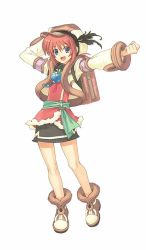 Rule 34 | 1girl, :d, alchemist, arm behind head, arm up, atelier (series), atelier lise, blue eyes, boots, cabbie hat, capelet, clenched hand, feathers, female focus, flask, flat chest, full body, fur trim, gust, hair between eyes, hat, jacket, jewelry, lander, legs, lisette, lisette lander, looking at viewer, miniskirt, necklace, official art, open clothes, open jacket, open mouth, outstretched arm, red hair, ring, sash, short hair, sidelocks, simple background, skirt, smile, solo, standing, turtleneck, watanuki nao, white background, wide sleeves