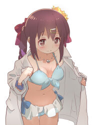 Rule 34 | 1girl, bikini, bikini day, bikini skirt, bikini under clothes, black hair, blue bikini, blue scrunchie, blush, breasts, brown eyes, coat, commentary, dot nose, flower, front-tie bikini top, front-tie top, hair flower, hair ornament, hair ribbon, hairclip, jewelry, kyarahiba, lab coat, long hair, long sleeves, looking at viewer, medium breasts, multicolored hair, navel, necklace, onii-chan wa oshimai!, open clothes, open coat, oyama mihari, purple hair, red ribbon, ribbon, scrunchie, simple background, smile, solo, stomach, swimsuit, thigh gap, twintails, two-tone hair, white background, wrist scrunchie