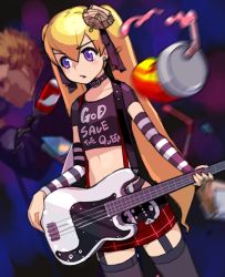 Rule 34 | 1girl, action, black choker, black ribbon, black shirt, black sleeves, black thighhighs, blonde hair, blue eyes, blurry, blurry background, blurry foreground, can, carrying, choker, clothes writing, covenanter (kehotank), covenanter (tank) (personification), crop top, cup, detached sleeves, disposable cup, drink can, drinking glass, dutch angle, earrings, electric guitar, english text, frown, garter straps, guitar, hair ribbon, headgear, holding, holding instrument, instrument, jewelry, lips, long hair, microskirt, music, open mouth, original, personification, plaid, plaid skirt, playing instrument, print shirt, red skirt, ribbon, shirt, skirt, soda can, solo, soumu (kehotank), spilling, striped, striped sleeves, suspenders, t-shirt, thighhighs, twintails