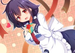Rule 34 | 1girl, :d, ahoge, apron, black hair, box, commentary request, gift, gift box, hair flaps, highres, holding, kantai collection, long hair, looking at viewer, open mouth, orange eyes, school uniform, serafuku, smile, snow (gi66gotyo), solo, taigei (kancolle), valentine