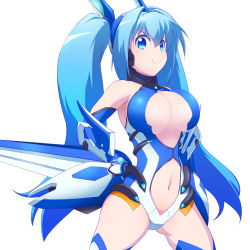Rule 34 | &gt;:), 1girl, armor, armpits, bare shoulders, blue eyes, blue hair, bracer, breasts, cleavage cutout, clothing cutout, colored eyelashes, cowboy shot, drias, faulds, gorget, gradient hair, hair between eyes, hands on own hips, headgear, highres, large breasts, legs apart, leotard, light smile, long hair, looking at viewer, magical girl, matching hair/eyes, mecha musume, multicolored hair, navel, navel cutout, ore twintail ni narimasu, revealing clothes, smile, solo, tailblue, thighhighs, turtleneck, twintails, twoearle, v-shaped eyebrows, vambraces, very long hair, white background