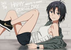 Rule 34 | 10s, 1girl, 2016, black hair, breasts, brown hair, character name, dated, from side, happy birthday, idolmaster, idolmaster (classic), jacket, kikuchi makoto, leg up, legs, light smile, looking at viewer, lying, nike (company), off shoulder, on back, on floor, reclining, shoes, short hair, short shorts, shorts, smile, sneakers, solo, taku1122, thighs, watch