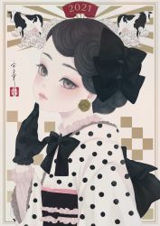 Rule 34 | 1girl, 2021, black bow, black bowtie, black gloves, black hair, black sash, border, bow, bowtie, braid, brown eyes, chinese zodiac, cow, earrings, eyelashes, floral print, flower earrings, frilled shirt, frilled shirt collar, frilled sleeves, frills, from side, gloves, hair bow, highres, japanese clothes, jewelry, kimono, lace, lace gloves, long sleeves, looking at viewer, looking to the side, obi, obiage, obijime, original, outside border, parted lips, polka dot, polka dot kimono, sash, seal impression, shirt, short hair, signature, solo, upper body, ushiyama ame, white background, white kimono, whorled clouds, year of the ox