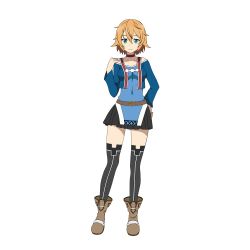 Rule 34 | 1girl, black skirt, blue eyes, blue shirt, breasts, brown footwear, choker, closed mouth, collarbone, contrapposto, covered navel, full body, grey thighhighs, hair between eyes, hand on own hip, highres, light brown hair, long sleeves, looking at viewer, medium breasts, miniskirt, off-shoulder shirt, off shoulder, official art, philia (sao), pleated skirt, shirt, short hair, skirt, smile, solo, standing, sword art online, thighhighs, transparent background, zettai ryouiki