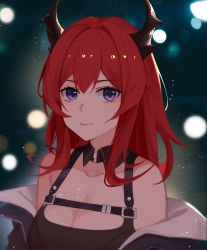 Rule 34 | 1girl, arknights, bare shoulders, black dress, chest strap, close-up, commentary, demon girl, demon horns, detached collar, dress, hair between eyes, highres, horns, hymxiaocyan, long hair, looking at viewer, off shoulder, purple eyes, red hair, smile, solo, surtr (arknights)