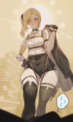 Rule 34 | 1girl, absurdres, arm strap, bad id, bad pixiv id, black gloves, black shorts, blonde hair, blush, book, boots, breast strap, breasts, breath, bright pupils, brown eyes, gloves, gun, hair over one eye, high-waist shorts, highres, holding, holding clothes, holding jacket, holstered, ingan-i neomu gangham, jacket, jin rou, looking at viewer, looking down, medium breasts, mole, mole on arm, mole on shoulder, mole on thigh, mole under mouth, nose blush, novel illustration, official art, parted lips, shorts, side ponytail, skindentation, solo, spoken sweatdrop, sweatdrop, thigh boots, thigh strap, thighhighs, weapon, white pupils