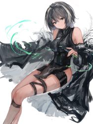 Rule 34 | 1girl, arknights, bare shoulders, black coat, black eyes, black hair, black shorts, breasts, chinese commentary, closed mouth, coat, commentary request, feet out of frame, hair ornament, hairclip, highres, holding, invisible chair, la pluma (arknights), long sleeves, looking at viewer, medium breasts, multicolored hair, naijiaer, open clothes, open coat, short hair, short shorts, shorts, sitting, smile, solo, streaked hair, test tube, thigh strap, two-tone hair, white hair