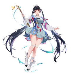 Rule 34 | 1girl, arm at side, bird, black hair, breasts, brown eyes, dress, floating, flute, full body, gran saga, hand up, highres, holding, holding instrument, instrument, joybrew, long hair, long sleeves, looking at viewer, medium breasts, open mouth, shoes, short dress, simple background, solo, tassel, twintails, white background, white footwear
