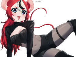 Rule 34 | 1girl, ameiarts, animal ears, arm support, artist name, belt, black belt, black footwear, black hair, black shorts, blackberry baelz, blue eyes, blush, bodystocking, boots, breasts, cleavage, commentary, english commentary, hakos baelz, highres, hololive, hololive english, large breasts, long hair, long sleeves, looking at viewer, mouse ears, mouse girl, mouse tail, multicolored hair, navel, open mouth, red hair, shorts, shrug (clothing), simple background, solo, streaked hair, tail, tail raised, teeth, thigh belt, thigh boots, thigh strap, upper teeth only, v-shaped eyebrows, virtual youtuber, white background, white hair