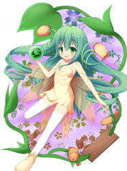 Rule 34 | 1girl, :d, alraune (p&amp;d), bare shoulders, clothing cutout, dress, drill hair, flower, green eyes, green hair, head leaves, highres, long hair, matching hair/eyes, mizuki (kogetsu-tei), monster girl, open mouth, plant girl, puzzle &amp; dragons, smile, solo, thighhighs, underboob cutout