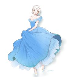 Rule 34 | 1girl, artist name, bare shoulders, blonde hair, blue dress, blush, breasts, cinderella, cinderella (disney), collarbone, dress, frilled dress, frills, full body, highres, long dress, parted bangs, parted lips, schally+, shoes, short hair, simple background, sleeveless, sleeveless dress, small breasts, solo, strapless, strapless dress, white background