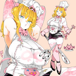 Rule 34 | 1girl, animal ears, apron, armpits, blonde hair, blue eyes, breasts, chef hat, demon tail, elbow gloves, fork, frilled apron, frills, gloves, hat, high heels, holding, holding fork, holding knife, kafun, knife, large breasts, licking lips, pig ears, tail, thighhighs, tongue, tongue out