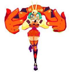 Rule 34 | 1girl, boots, breasts, cerebella (skullgirls), full body, green hair, green lips, green nails, grin, hat, highres, large breasts, skirt, skullgirls, smile, solo, standing, standing on one leg, symbol-shaped pupils, thigh boots, v, vice-versa (skullgirls), white background, wide hips, wide sleeves