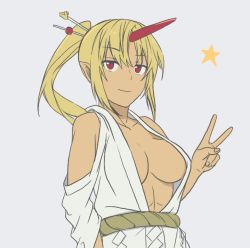 Rule 34 | 1girl, alternate hairstyle, bare shoulders, blonde hair, breasts, detached sleeves, female focus, hair ornament, hair stick, horns, hoshiguma yuugi, large breasts, looking at viewer, no bra, oni horns, open clothes, open shirt, pointy ears, ponytail, red eyes, shirt, simple background, single horn, solo, star (symbol), touhou, toujou (toujou ramen), upper body, v, white shirt