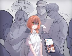 Rule 34 | 1girl, 5boys, artist self-insert, blush, closed eyes, closed mouth, collared shirt, english text, glasses, green eyes, grey background, holding, holding phone, leaf girl (popopoka), medium hair, multiple boys, open mouth, orange hair, original, own hands together, parted bangs, phone, popopoka, shirt, short hair, short sleeves, sweat, teeth, twintails, white shirt