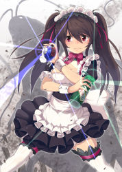 Rule 34 | 1girl, bad id, bad pixiv id, blush, bow, breasts, brown hair, cleavage, frills, hair ribbon, insecticide, lens flare, long hair, maid, maid headdress, medium breasts, nigoro, original, red eyes, ribbon, skirt, solo, standing, tears, thighhighs, twintails, white thighhighs, wrist cuffs