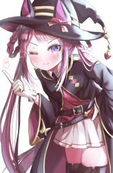 Rule 34 | absurdres, animal ears, belt, blush, boots, brown hair, commentary request, hair rings, hat, highres, horse ears, horse girl, horse tail, looking at viewer, one eye closed, purple eyes, simple background, smile, solo, star (symbol), sweep tosho (umamusume), tail, takenaka takeshi, thigh boots, thighhighs, twintails, umamusume, white background, witch hat