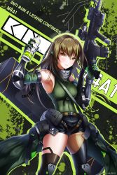 Rule 34 | 1girl, absurdres, arm guards, armband, armpits, artist name, assault rifle, asymmetrical legwear, belt, black shorts, black thighhighs, breasts, brown eyes, brown hair, buckle, can, character name, elbow gloves, gas mask, girls&#039; frontline, gloves, green hair, green sweater, gun, hair between eyes, highres, holding, holding can, holding gun, holding weapon, huge filesize, knee pads, long hair, looking at viewer, m4 carbine, m4a1 (girls&#039; frontline), m4a1 (mod3) (girls&#039; frontline), magazine (weapon), mask, mod3 (girls&#039; frontline), multicolored hair, muzent, pouch, ribbed legwear, rifle, short shorts, shorts, sidelocks, skull print, smile, snap-fit buckle, solo, streaked hair, sweater, sweater vest, thighhighs, trigger discipline, uneven legwear, weapon