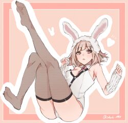 1girl animal_ears artist_name bare_shoulders blush breasts commentary danganronpa_(series) danganronpa_2:_goodbye_despair detached_collar fake_animal_ears fishnet_thighhighs fishnets flipped_hair hair_ornament highres leg_up leotard medium_breasts medium_hair nanami_chiaki pink_eyes playboy_bunny rabbit_ears shala_(shala_0913) solo strapless strapless_leotard thighhighs thighs wrist_cuffs