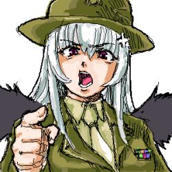 Rule 34 | 1girl, angry, close-up, cosplay, full metal jacket, green hat, hat, jacket, looking at viewer, lowres, military, military jacket, military uniform, osakana (denpa yun&#039;yun), parody, pointing, purple eyes, rozen maiden, sgt hartman, sgt hartman (cosplay), silver hair, simple background, solo, suigintou, uniform, united states marine corps, white background