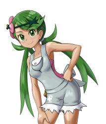 Rule 34 | 1girl, back bow, bare shoulders, blush, bow, breasts, closed mouth, collarbone, creatures (company), dark-skinned female, dark skin, female focus, flower, game freak, green eyes, green hair, green hairband, hair flower, hair ornament, hair tie, hairband, hand on own hip, hand on own thigh, happy, leaning forward, long hair, looking at viewer, mallow (pokemon), matching hair/eyes, medium breasts, nintendo, overalls, pink flower, pink shirt, pokemon, pokemon sm, shiny skin, shirt, shougun (chuckni1), simple background, smile, solo, standing, strapless, swept bangs, trial captain, tube top, twintails, white background