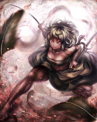Rule 34 | 1girl, bare legs, barefoot, black feathers, blurry, breasts, closed mouth, collarbone, depth of field, enbanzyou, feathers, fighting stance, floating, from above, ghost, grappler baki, green hair, green skirt, hangetsuban sonshou, highres, hitodama, holding, holding sword, holding weapon, jpeg artifacts, katana, konpaku youmu, konpaku youmu (ghost), long skirt, medium breasts, miyamoto musashi (grappler baki), muscular, muscular female, outstretched arm, parody, red eyes, sarashi, scar, serious, sheath, sheathed, short hair, skirt, solo, sword, toes, touhou, weapon, wide-eyed