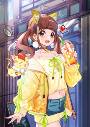 Rule 34 | 1girl, alternate costume, animal ears, blue shorts, brown collar, brown eyes, brown hair, cat ears, collar, cup, drinking straw, fake animal ears, healin&#039; good precure, highres, hiramitsu hinata, holding, holding cup, jacket, looking at another, midriff, nail polish, navel, neck bell, nyatoran (precure), open mouth, precure, rumo, short hair, shorts, smile, twintails, yellow jacket