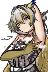 Rule 34 | 1girl, absurdres, aqua eyes, arknights, arm up, armpits, bare arms, bare shoulders, black outline, blonde hair, breath, closed mouth, colored extremities, commentary request, dragon girl, dragon horns, green hair, grey hair, hair between eyes, hair intakes, hand up, highres, horns, jewelry, long hair, looking at viewer, mitarashi renge, multicolored hair, necklace, no jacket, outline, partial commentary, presenting armpit, shu (arknights), simple background, sketch, solo, spread armpit, sweat, unfinished, white background