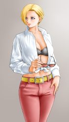 Rule 34 | 1girl, belt, blonde hair, blue eyes, breasts, cleavage, closed mouth, commentary request, unworn eyewear, gradient background, grey background, hand on own hip, highres, holding, king (snk), lips, lipstick, long sleeves, looking away, makeup, medium breasts, midriff, navel, pants, parted bangs, ryuuko no ken, shirt, short hair, simple background, snk, solo, stomach, sunglasses, sunglasses removed, the king of fighters, white shirt, x chitch